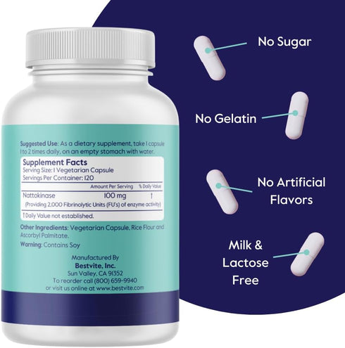 BESTVITE Nattokinase 100mg (2000 FU) (120 Vegetarian Capsules) - No Stearates - Vegan - Non GMO - Gluten Free...