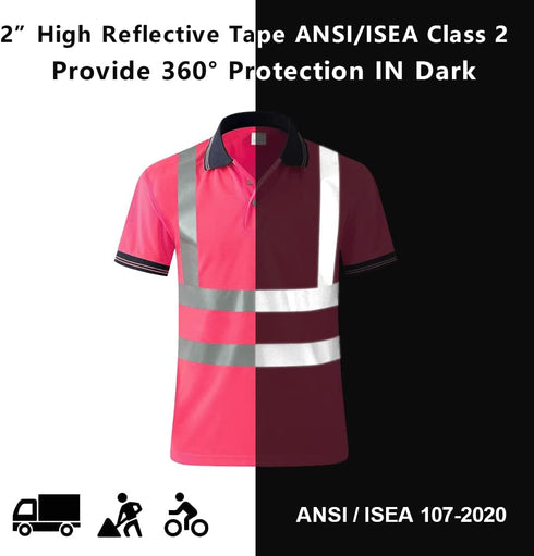 Safety Polo Shirt High Visibility - Reflective Shirt Short Sleeve ANSI Standards Construction Work Wear for Men and Women (Pink, 2XL)...