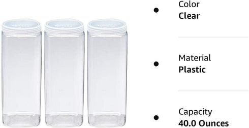 Silicook Clear Plastic Jar, Set of 3-40oz, Square Shaped, Transparent, Food Storage Container, Kitchen & Household Organization for Dry goods, Spi...