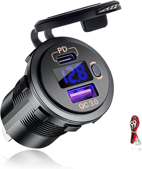 USB C Car Charger Socket, Dual Ports 12V/24V Outlet PD3.0 & QC3.0 Fast Charge Car Charger Adapter with ON/Off Switch and LED Voltmeter for Car, Bo...