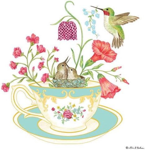 Alice's Cottage Hummingbirds and Teacup Flour Sack Kitchen Towels Set of 2 Cotton...