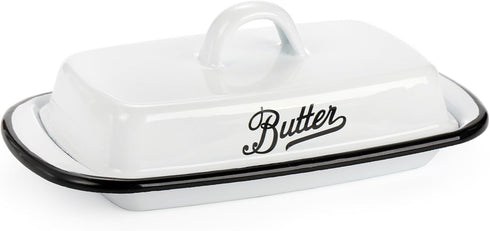 Suwimut Enamelware Butter Dish with Lid, Farmhouse White Butter Dish Vintage Style Black Rim Enamel Butter Container with Cover, Metal Butter Keep...