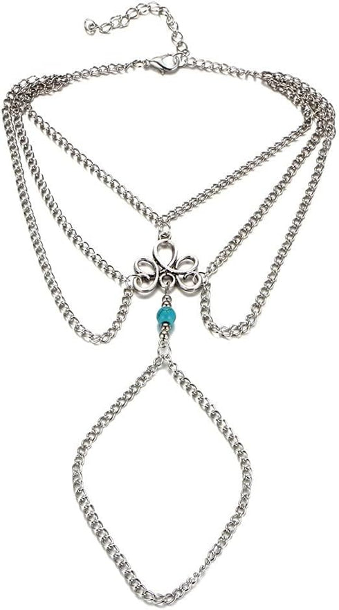 2 Pcs Bohemian Layered Anklet with Toe Ring Silver Turquoise Barefoot Sandals Summer Beach Wedding Foot Accessories Boho Toe Link Ankle Bracelet f...