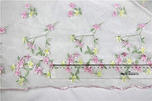 Floral Pattern Fabric 54 inches Width Pink and Yellow Floral Embroidery Organdy Lace Fabric by The Yard...