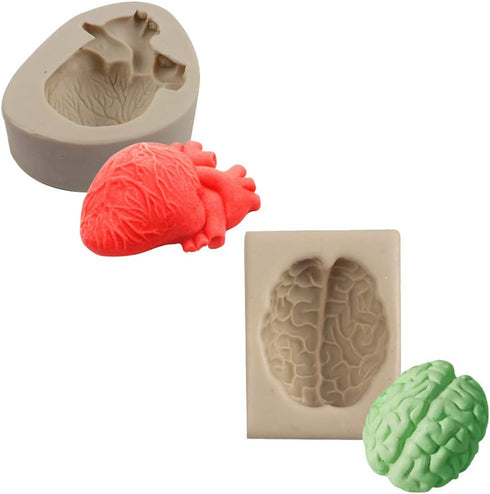2PCS Halloween Heart and Brain Silicone Molds DIY Simulation Human Organ Fondant Mould Cake Candy Biscuit Polymer Clay Ice Mold Kitchen Baking Too...