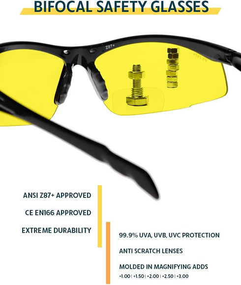 Bifocal Safety Glasses - Safety Glasses with Readers for Healthcare, Woodworkers, Motorcyclists, Workshop - Ansi Z87+ - Polycarbonate Lenses - (Ye...