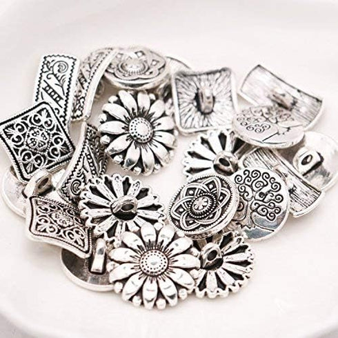 Pomeat 50 PCS Mixed Antique Silver Flower Decorative Metal Buttons for Sewing...