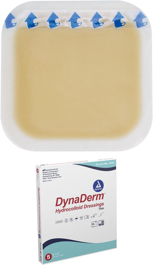 Dynarex DynaDerm Hydrocolloid Dressings, Sterile Moist Bandages Used for All Kinds of Wounds, 6" x 6", Thin & Latex-Free, Peel-Down Patches - 1 Bo...