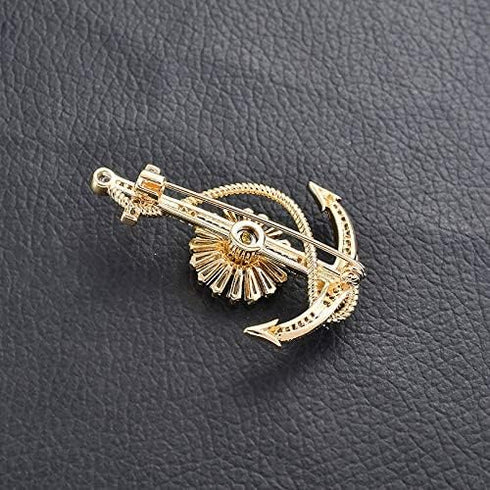 Anchor Nautical Brooch Pin Anchor Rope Brooch Gold Shiny Cubic Zirconia Pins & Pendants Scarf Holders for Women Men...