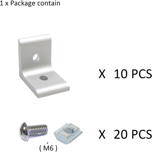 10Sets 10 Series 1" x 1" Aluminum Extrusion Profiles Corner 1010 Series Angle Bracket Connector with M6 T Slot Nuts Bolts for 1 Inch x 1 Inch Extr...