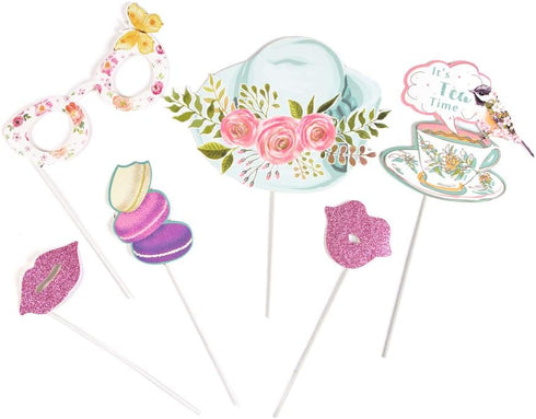 SUNBEAUTY 14 Pcs Tea Party Photo Booth Props Tea Party Decorations Alice in Wonderland Party Supplies Garden Party Bridal Shower for Girls Women...