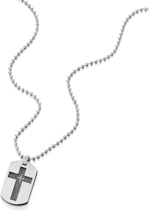 COOLSTEELANDBEYOND Two-Pieces Mens Bible Verse Cross Dog Tag Pendant Necklace, Steel Silver Black with 23.6 inch Chain...