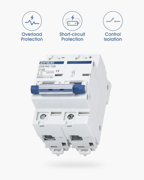 DC Miniature Circuit Breaker, 2 Pole 500V 100 Amp Isolator for Solar PV System, Thermal Magnetic Trip, DIN Rail Mount, High Current DC Disconnect ...