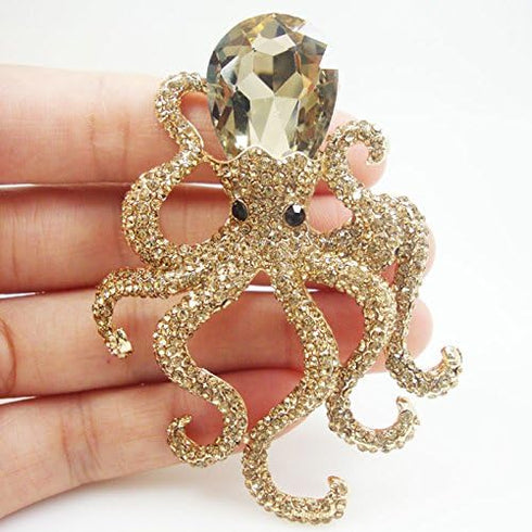 TTjewelry Vintage Octopus Topaz Austria Crystal Pendant Brooch Pin Animal Gold Tone...