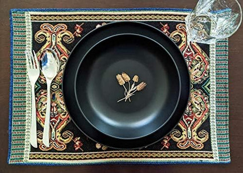 Tache Black Placemats Set of 4 Rococo Elegant Ornate Black Green Dining Cotton Linen Bohemian Tapestry Woven Paisley Cloth Table Mat Set of 4...