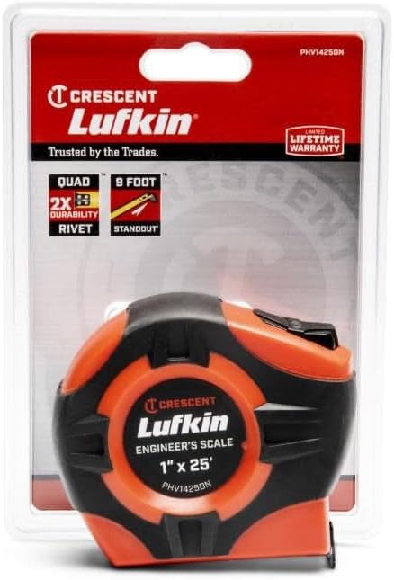 Crescent Lufkin 1" x 25' P1000 Series Engineer's Yellow Clad A4 Blade Power Return Tape Measure| PHV1425DN...