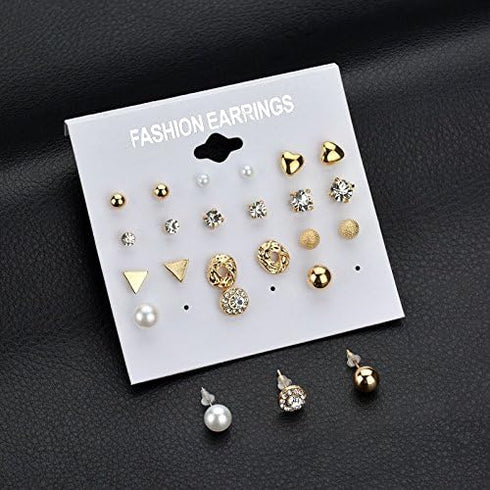 Crystal Pearl Stud Earrings Pack Bride Earring Sets for Women Rhinestone Geometric Heart Earrings Ear Studs Set Gold Earrings for Wedding Birthday...