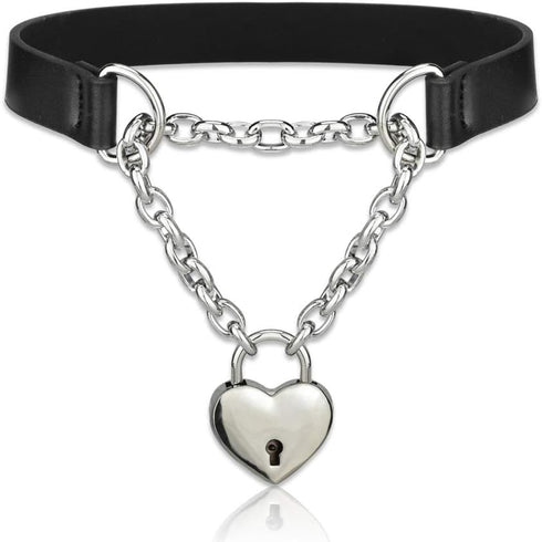 Goth Choker Necklaces for Women, Black Choker and Heart Padlock Day Collar with Key, Black PU Leather Choker Collar for Women...