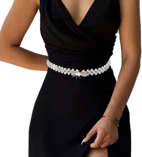Cosydays Pearl Waist Belt Gold Butterfly Waist Chains Elastic Dress Belt Rhinestone Waistband Jewelry for Women and Girls...
