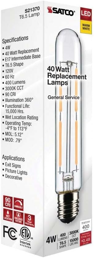 Satco 23170-4T6.5/LED/CL/930/120V/E17 Tubular (S21370) Intermediate Screw Base Exit Light Bulb...
