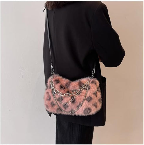 2022 New Leopard Print Plush Shoulder Cross-body Bag Fashion Chain One-shoulder Armpit Tote Y2K Purse Hobo Bag...