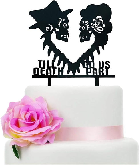 Till Death Do Us Part Wedding Cake Topper - Mr and Mrs Skull, Skeleton Couple, Black Silhouette (Skull)...