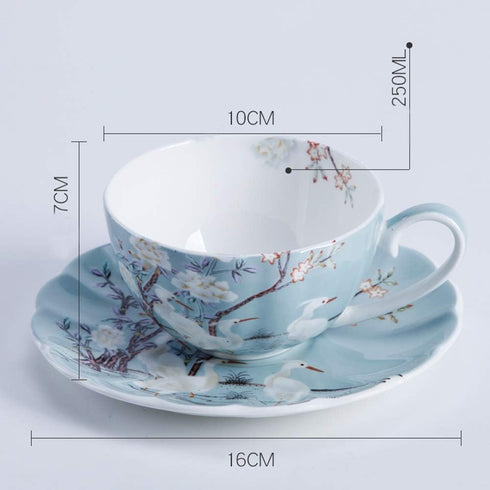 8oz Blue Fine Bone China Coffee Cup with Saucer,Colored Flowers,White Crane Porcelain Tea Cup and Saucer...