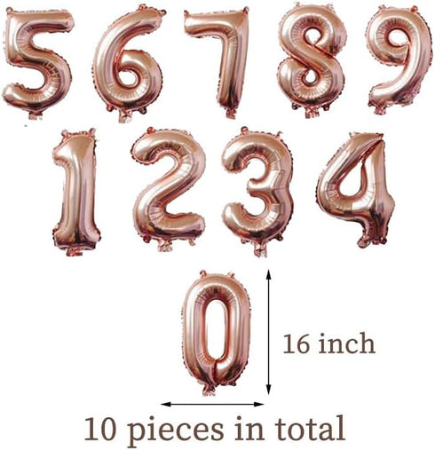 10 pcs 16inch Number Rose Gold Mylar Balloons, 0~9 Rose Gold Foil Balloons for Birthday Wedding Party Decorations Number Balloons...