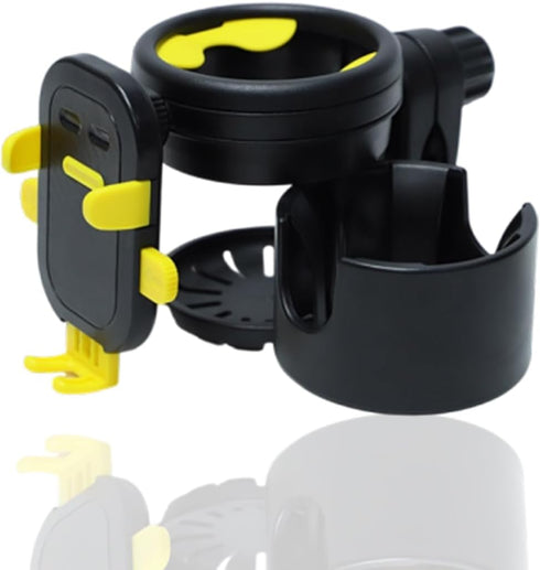 Stroller Cup Holder with Phone Holder,Bike Cup Holder,Freely Rotating and Adjustable 3-in-1 Mobile Phone/Double Bottle Holder for Stroller,Bike,Mo...