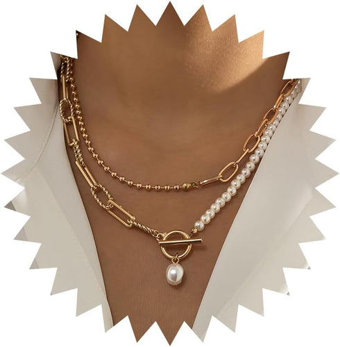 Dainty Pearl Pendant Necklaces Layered Baroque Choker Necklace Vintage White Pearl Chain Necklace Faux Pearls Statement Jewelry Gift for Women Tee...