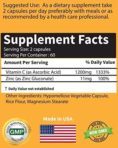 High Dose Extra Strength 1200mg Vitamin C + Zinc Complex for Immune Support Health 120 Capsule 2 Month Supply Veggie Capsule Non-GMO Gluten Free V...
