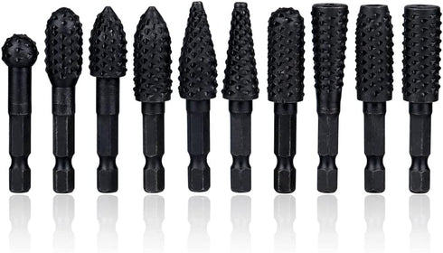 Mesee 10 Pieces Rotary Burr Rasp Set, 1/4 Inch Hex Shank Quick Change Wood Carving Drill Bits Carbon Steel File Rasp DIY Woodworking Tool for Wood...
