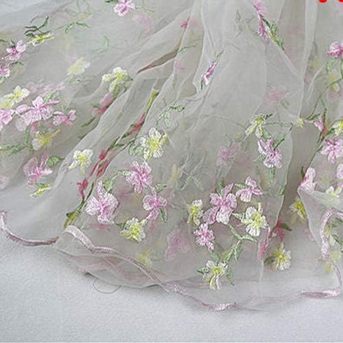 Floral Pattern Fabric 54 inches Width Pink and Yellow Floral Embroidery Organdy Lace Fabric by The Yard...