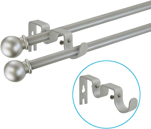 TLBTEK 3PCS Silver Curtain Rod Bracket,Double Curtain Rod Hanging Brackets Wall Mount Heavy Duty,Adjustable Curtain Rod Holders Hardware for Windo...