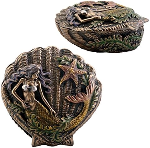 Ebros Beautiful Ocean Siren Mermaid with Starfish Oyster Shell Shaped Jewelry Box Figurine Mini Storage Decor Sculpture...