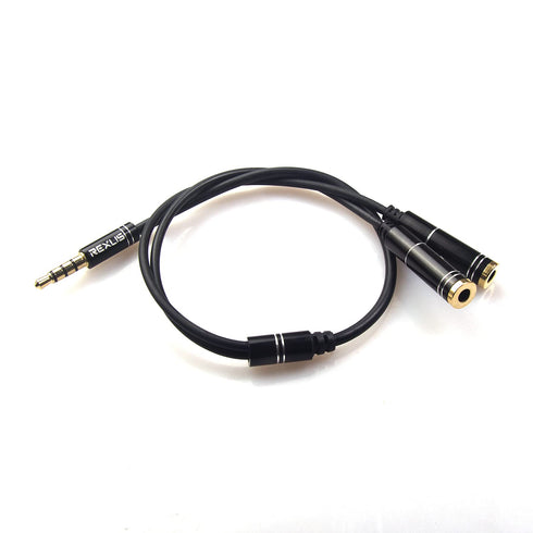 REXUS Black 3.5mm Y Splitter Stereo Audio Cable 4-Pole Male to 2 Female for Headphone, Headset Splitter Adapter Extension Aux Cable, Compatible Mo...