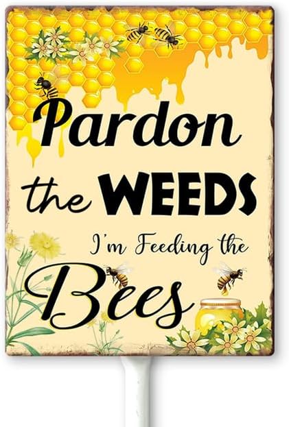 Bee Sign Pardon The Weeds I'm Feeding The Bees Signs Bee Yard Sign with Stakes 8in×12in, Pollinator Garden Sign Bee Decorations,Sturdy Aluminum La...