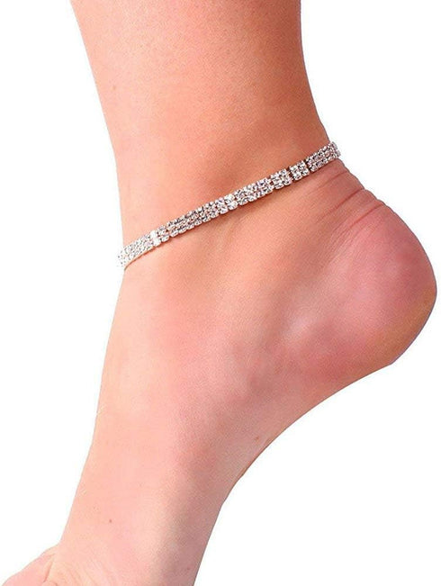 LucBuy 2PCS Twinkle Diamond Anklet, Elastic Rhinestone Tennis Ankle Bracelets for Women,Crystal Silver-Tone Sparkling Charm Foot Jewelry,Bling Shi...
