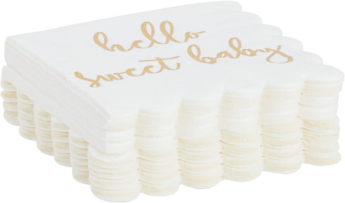50 Pack 5x5 Inch White Scalloped Napkins with Gold Foil Hello Sweet Baby - Gender Neutral Baby Shower Napkins & Table Decor for Boy Girl Sprinkle ...