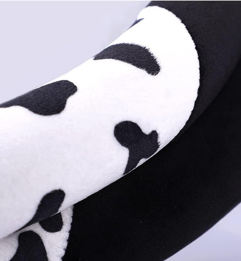 Cow Plush Steering Wheel Cover Universal 15 in Cute Fuzzy Cow Horn Car Steering Wheel Cover Non-Slip Stretchy Cow Print Circular Steering Wheel Pr...