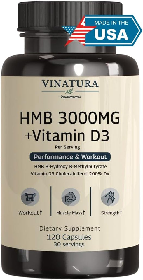 HMB 3000mg and Vitamin D3 Supplement Capsules per serving *USA Made & Tested* Promotes Muscle Growth & Recovery - HMB Supplement and Vitamin D3 (1...