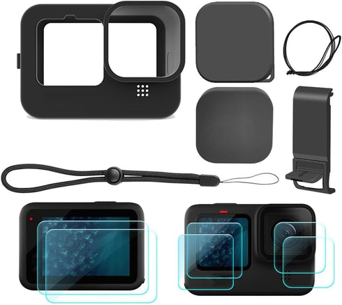 Camera Accessories Black Silicone Case Battery Side Cover, Screen Protectors, Lens Caps, Lanyard Compatible with GoPro Hero 12, 11, 10, 9...