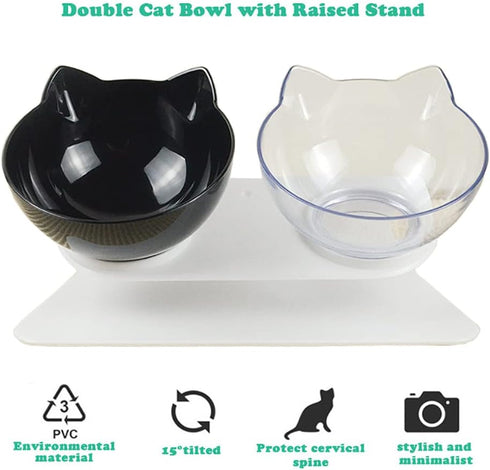 Love Dream Double Dog Cat Bowls with Raised Stand, Pet Food Water Feeder Bowl, 15° Tilted Pet Bowl Stress-Free Suit for Cats Small Dogs (Black+Whi...