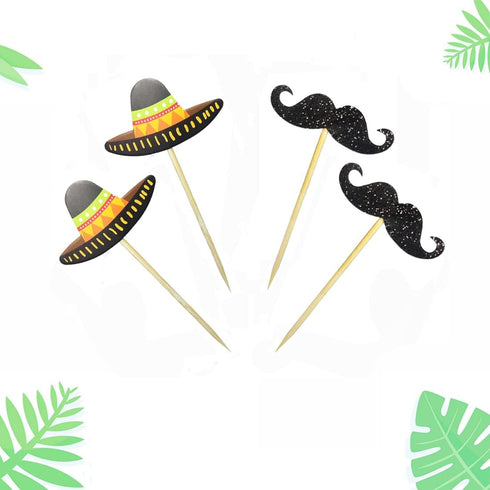Morndew 24 PCS Sombrero Mustache Cupcake Toppers Insert Picks Decorations for Mexican Fiesta Themed Party Birthday Party Baby Shower Wedding Party...