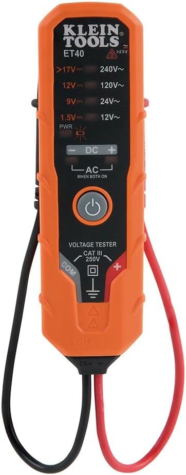 Klein Tools ET40 Digital AC/DC Voltage Tester, 12-240V AC, 1.5-24V DC, LED Illumination, DC Polarity, Auto Off, CATIII 250V-Class 2- Double Insula...