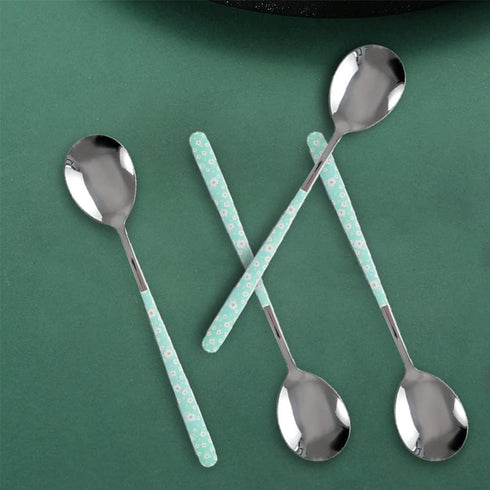 Stainless Steel Soup Spoon,Korean Dessert Spoon,Green Daisy Mixed Color Spoon for Home, Kitchen or Restaurant, Set of 4 Green Daisy Colour Soup Sp...