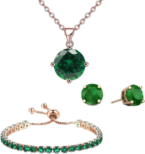 18K Rose Gold 3 Set Created Emerald Sapphire Round Necklace, Earrings And Tennis Bracelet Plated...