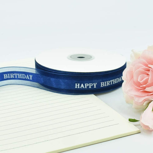 TONIFUL Happy Birthday Ribbon 1 Inch Navy Blue Satin Silk Ribbons for Gift Wrapping 50 Yards Chiffon Organza Ribbon for Birthday Party Supplies Bo...