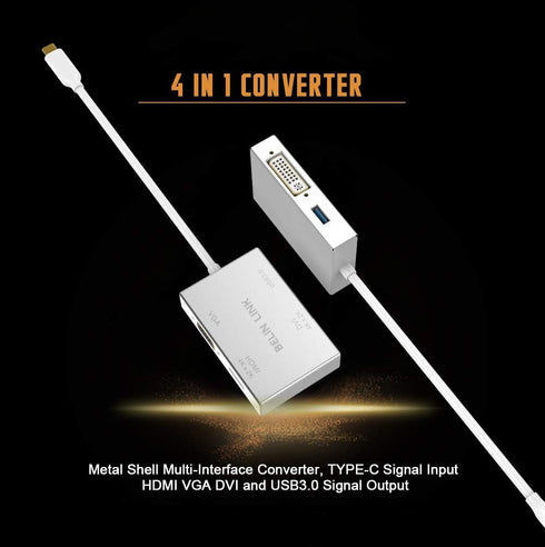 USB C to HDMI DVI VGA USB 3.0 Adapter,USB 3.1 Type-C 4in1 Hub to HDMI DVI 4K VGA USB Adaptor Converter (Thunderbolt 3 Compatible), USB-C Adapter f...