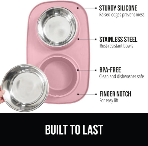 Gorilla Grip 100% Waterproof BPA Free Cat and Dog Bowls Silicone Feeding Mat Set, Stainless Steel Bowl Slip Resistant Raised Edges, Catch Water, F...